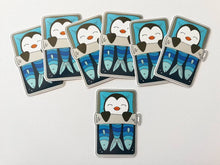 Load image into Gallery viewer, Penguin vinyl sticker, sleeping penguin sticker, sardine tin bed sticker