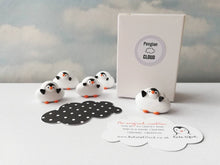 Load image into Gallery viewer, Penguin cloud. Little penguin in a box, black and white miniature pottery penguin in a white cloud, ceramic penguin gift