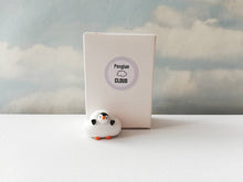 Load image into Gallery viewer, Penguin cloud. Little penguin in a box, black and white miniature pottery penguin in a white cloud, ceramic penguin gift