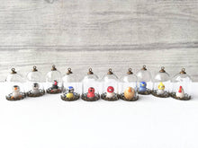 Load image into Gallery viewer, Miniature bird glass domes. Pottery penguin, owl, cockatiel, robin, blue tit, chicken, puffin, or gold finch. Mini taxidermy style.