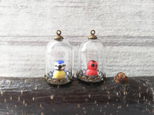 Load image into Gallery viewer, Miniature bird glass domes. Pottery penguin, owl, cockatiel, robin, blue tit, chicken, puffin, or gold finch. Mini taxidermy style.