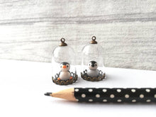 Load image into Gallery viewer, Miniature bird glass domes. Pottery penguin, owl, cockatiel, robin, blue tit, chicken, puffin, or gold finch. Mini taxidermy style.
