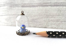 Load image into Gallery viewer, Miniature bird glass domes. Pottery penguin, owl, cockatiel, robin, blue tit, chicken, puffin, or gold finch. Mini taxidermy style.
