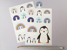 Load image into Gallery viewer, Penguin vinyl sticker sheet, penguin rainbow sticker, clouds, stars, cute stickers, planner, bullet point, journal, clouds, rainbows and stars
