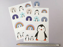 Load image into Gallery viewer, Penguin vinyl sticker sheet, penguin rainbow sticker, clouds, stars, cute stickers, planner, bullet point, journal, clouds, rainbows and stars