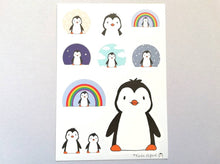 Load image into Gallery viewer, Penguin vinyl sticker sheet, penguin rainbow sticker, clouds, stars, cute stickers, planner, bullet point, journal