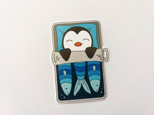 Load image into Gallery viewer, Penguin vinyl sticker, sleeping penguin sticker, sardine tin bed sticker