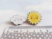 Load image into Gallery viewer, Wooden happy sun and moon badges