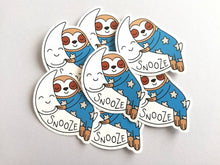 Load image into Gallery viewer, Sloth vinyl sticker, sleeping sloth sticker, snooze on a moon sticker, purple or blue
