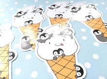 Load image into Gallery viewer, Vinyl penguin sticker, playing in the ice cream cone