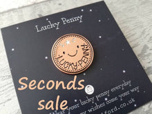 Load image into Gallery viewer, Seconds. Lucky penny enamel pin, good luck enamel badge, enamel brooch pins, rose gold badges