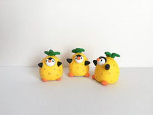 Load image into Gallery viewer, Penguin pineapple. Little penguin in a box, black and white miniature pottery penguin in a yellow pineapple, ceramic quirky penguin gift