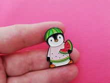 Load image into Gallery viewer, Watermelon penguin soft enamel pin, penguin brooch. You are one in a melon. Positive, cheer up gift