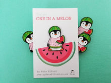 Load image into Gallery viewer, Watermelon penguin soft enamel pin, penguin brooch. You are one in a melon. Positive, cheer up gift