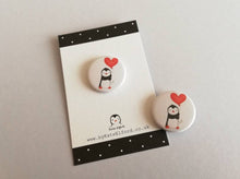 Load image into Gallery viewer, A mini button badge, with an illustration of a black and white penguin holding a red heart shaped balloon