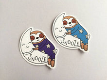 Load image into Gallery viewer, Sloth vinyl sticker, sleeping sloth sticker, snooze on a moon sticker, purple or blue