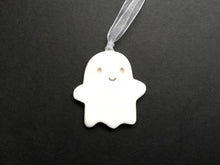 Load image into Gallery viewer, Pottery ghost hanger. Little happy ghost tag. Hand painted ceramics, Halloween ornament