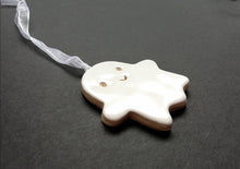 Load image into Gallery viewer, Pottery ghost hanger. Little happy ghost tag. Hand painted ceramics, Halloween ornament
