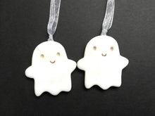 Load image into Gallery viewer, Seconds. Pottery ghost hanger. Little happy spooky tag. Hand painted ceramics, Halloween ornament, minor faults
