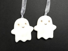 Load image into Gallery viewer, Pottery ghost hanger. Little happy ghost tag. Hand painted ceramics, Halloween ornament