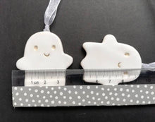 Load image into Gallery viewer, Pottery ghost hanger. Little happy ghost tag. Hand painted ceramics, Halloween ornament