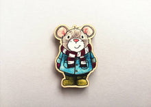 Load image into Gallery viewer, Mouse magnet, little wooden grey mouse duffle coat fridge magnet. Autumn, fall, winter decor