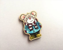 Load image into Gallery viewer, Mouse magnet, little wooden grey mouse duffle coat fridge magnet. Autumn, fall, winter decor