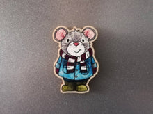 Load image into Gallery viewer, Mouse magnet, little wooden grey mouse duffle coat fridge magnet. Autumn, fall, winter decor