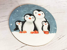 Load image into Gallery viewer, Penguin coaster. Family of four penguins painting in the snow
