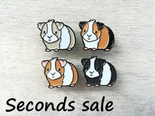 Load image into Gallery viewer, Seconds. Mini pig enamel pins, black soft enamel badge, guinea pig enamel brooch pins, tri colour, ginger, grey, black, white cavy badges