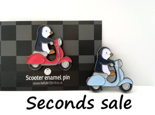 Seconds. Penguin scooter enamel pin, penguin badge, cute scooter pins, soft enamel brooch pins, blue or red bike enamel badges