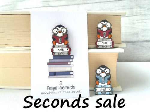 Seconds. Penguin book enamel pin, penguin brooch, just one more page badge, hard enamel pins