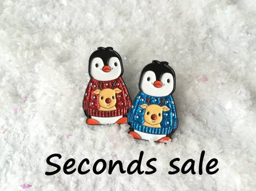 Seconds. Christmas penguin soft enamel pin, penguin brooch, Christmas glitter reindeer jumper. Blue or red