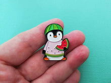 Load image into Gallery viewer, Watermelon penguin soft enamel pin, penguin brooch. You are one in a melon. Positive, cheer up gift