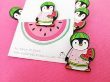 Load image into Gallery viewer, Watermelon penguin soft enamel pin, penguin brooch. You are one in a melon. Positive, cheer up gift