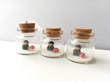Load image into Gallery viewer, Miniature mole and red toadstool Christmas ornament. Little glass bottle and pottery mole. Christmas woodland mini ornament