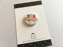Load image into Gallery viewer, Mini round white button badge with an illustration of a sparrow, blue tit and robin sat on a branch

