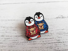 Load image into Gallery viewer, Christmas penguin soft enamel pin, penguin brooch, Christmas glitter jumper. Blue or red
