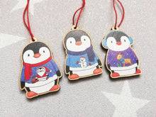 Load image into Gallery viewer, Penguin Christmas decorations. Set of three wooden penguins. Christmas jumper, deer, snowman, santa. Cute Christmas tree ornaments.