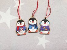 Load image into Gallery viewer, Penguin Christmas decorations. Set of three wooden penguins. Christmas jumper, deer, snowman, santa. Cute Christmas tree ornaments.