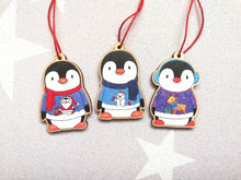 Load image into Gallery viewer, Penguin Christmas decorations. Set of three wooden penguins. Christmas jumper, deer, snowman, santa. Cute Christmas tree ornaments.