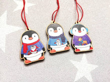 Load image into Gallery viewer, Penguin Christmas decorations. Set of three wooden penguins. Christmas jumper, deer, snowman, santa. Cute Christmas tree ornaments.