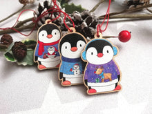 Load image into Gallery viewer, Penguin Christmas decorations. Set of three wooden penguins. Christmas jumper, deer, snowman, santa. Cute Christmas tree ornaments.
