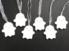 Load image into Gallery viewer, Pottery ghost hanger. Little happy ghost tag. Hand painted ceramics, Halloween ornament