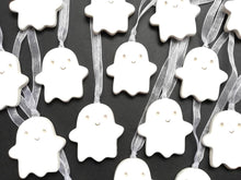 Load image into Gallery viewer, Pottery ghost hanger. Little happy ghost tag. Hand painted ceramics, Halloween ornament