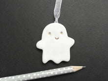Load image into Gallery viewer, Seconds. Pottery ghost hanger. Little happy spooky tag. Hand painted ceramics, Halloween ornament, minor faults