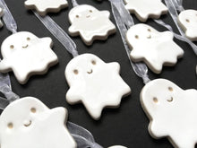 Load image into Gallery viewer, Seconds. Pottery ghost hanger. Little happy spooky tag. Hand painted ceramics, Halloween ornament, minor faults