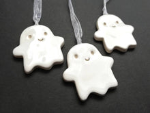 Load image into Gallery viewer, Seconds. Pottery ghost hanger. Little happy spooky tag. Hand painted ceramics, Halloween ornament, minor faults