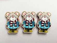 Load image into Gallery viewer, Mouse magnet, little wooden grey mouse duffle coat fridge magnet. Autumn, fall, winter decor