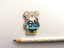 Load image into Gallery viewer, Mouse magnet, little wooden grey mouse duffle coat fridge magnet. Autumn, fall, winter decor
